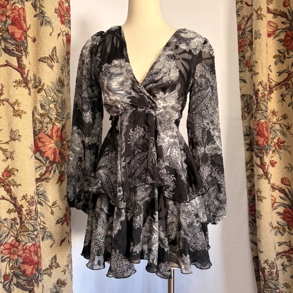 The Clothing Company Black and white Paisley Print Boho Flowy Ruffle Mini Dress